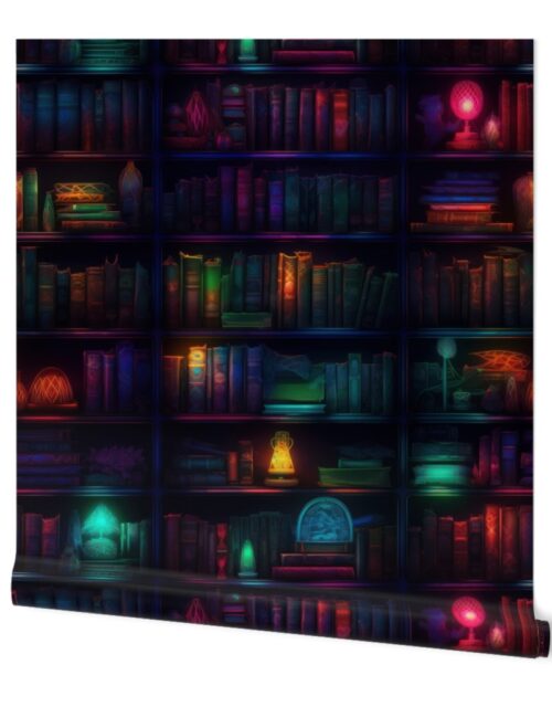 Spooky Photo-realistic Dark Academia Bookshelves in Bright Neons with Glowing Lanterns Wallpaper