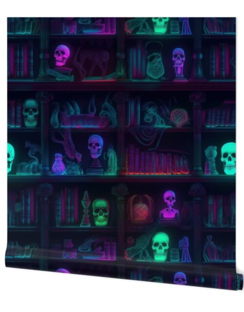 Spooky Photo-realistic Dark Academia Bookshelves in Bright Neons with Glowing Skulls Wallpaper