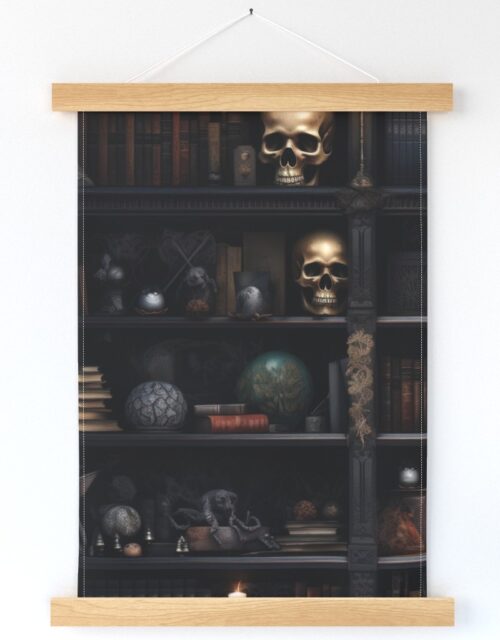 Spooky Photo-realistic Dark Academia Bookshelves in Muted Tones with Glowing Candles and Skulls Wall Hanging
