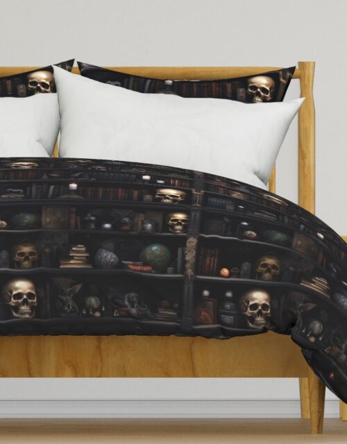 Spooky Photo-realistic Dark Academia Bookshelves in Muted Tones with Glowing Candles and Skulls Duvet Cover