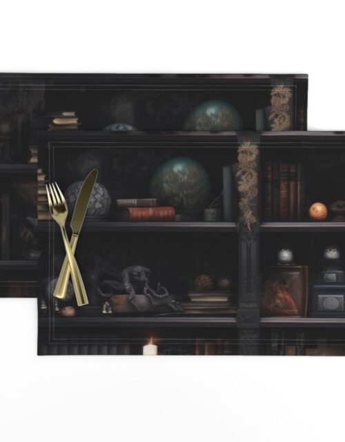 Spooky Photo-realistic Dark Academia Bookshelves in Muted Tones with Glowing Candles and Skulls Placemats