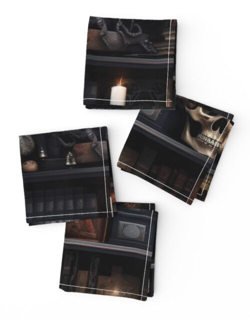 Spooky Photo-realistic Dark Academia Bookshelves in Muted Tones with Glowing Candles and Skulls Cocktail Napkins