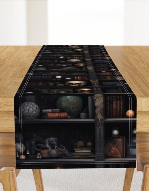 Spooky Photo-realistic Dark Academia Bookshelves in Muted Tones with Glowing Candles and Skulls Table Runner