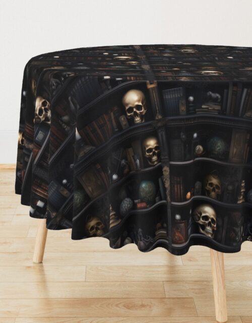 Spooky Photo-realistic Dark Academia Bookshelves in Muted Tones with Glowing Candles and Skulls Round Tablecloth