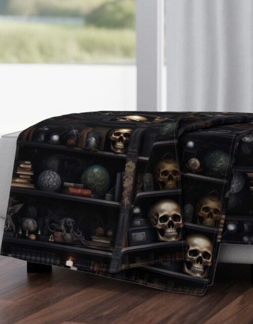 Spooky Photo-realistic Dark Academia Bookshelves in Muted Tones with Glowing Candles and Skulls Throw Blanket