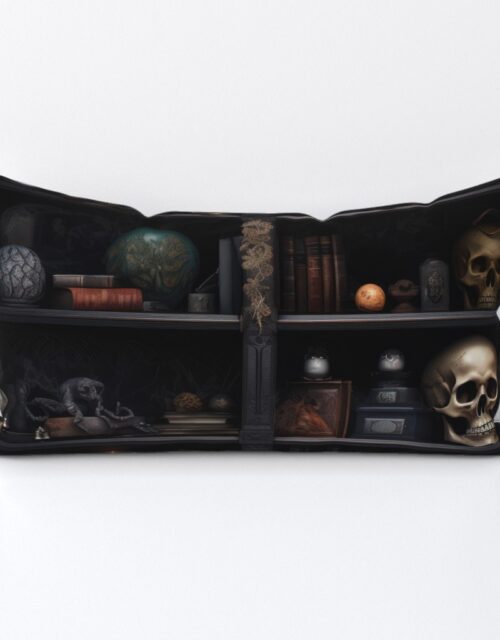 Spooky Photo-realistic Dark Academia Bookshelves in Muted Tones with Glowing Candles and Skulls Lumbar Throw Pillow