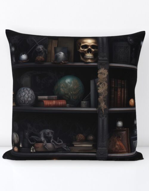 Spooky Photo-realistic Dark Academia Bookshelves in Muted Tones with Glowing Candles and Skulls Square Throw Pillow