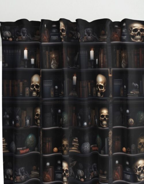 Spooky Photo-realistic Dark Academia Bookshelves in Muted Tones with Glowing Candles and Skulls Curtains