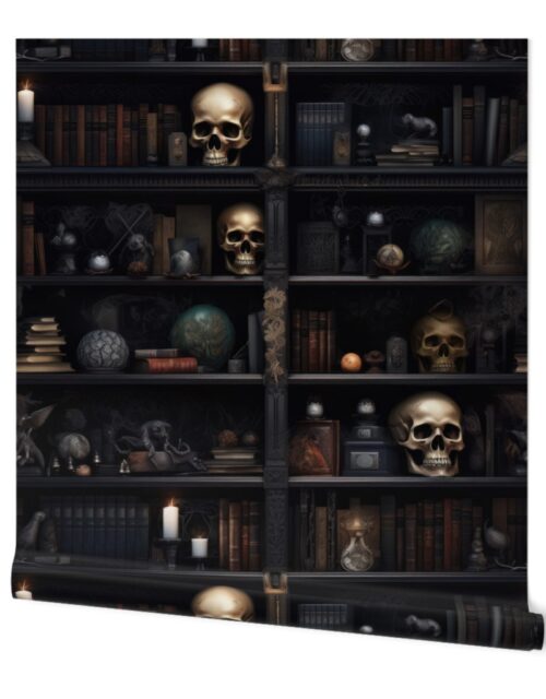 Spooky Photo-realistic Dark Academia Bookshelves in Muted Tones with Glowing Candles and Skulls Wallpaper