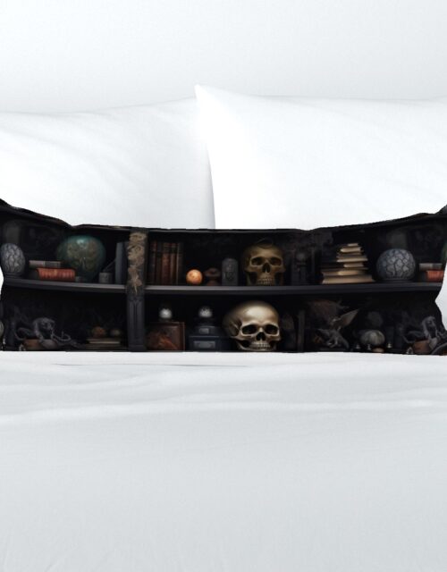 Spooky Photo-realistic Dark Academia Bookshelves in Muted Tones with Glowing Candles and Skulls Extra Long Lumbar Pillow
