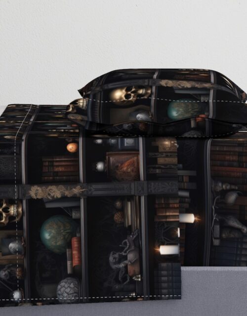 Spooky Photo-realistic Dark Academia Bookshelves in Muted Tones with Glowing Candles and Skulls Sheet Set
