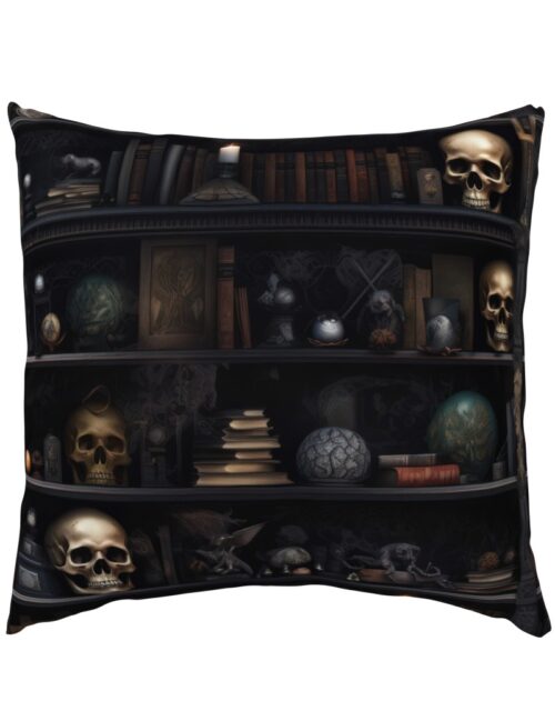 Spooky Photo-realistic Dark Academia Bookshelves in Muted Tones with Glowing Candles and Skulls Euro Pillow Sham