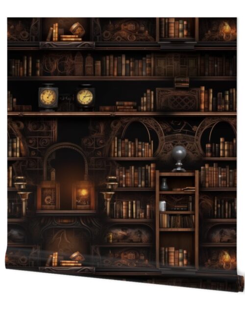 Spooky Photo-realistic Dark Academia Stampunk Bookshelves in Muted Tones with Glowing Candles and Skulls Wallpaper