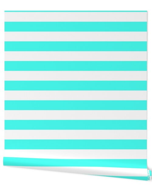 2 inch Wide Horizontal South Beach Aqua Blue and White Cabana Stripes Wallpaper