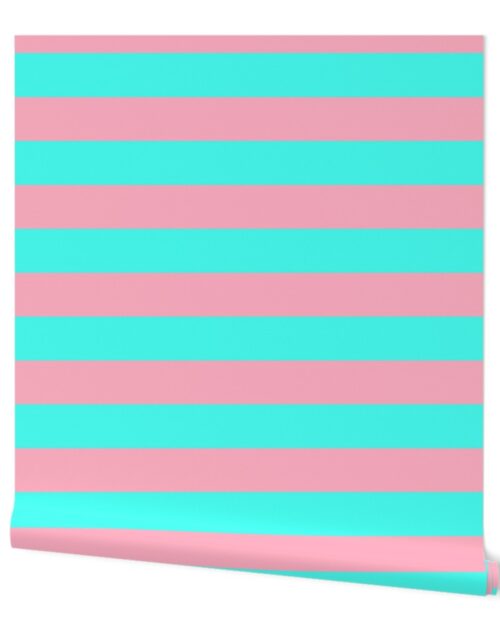 3 inch Wide Horizontal Palm Beach Pink and South Beach Aqua Cabana Stripes Wallpaper
