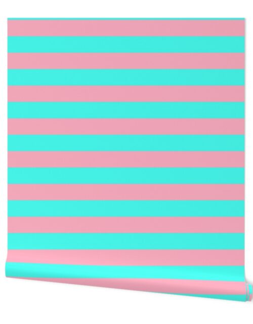 2 inch Wide Horizontal Palm Beach Pink and South Beach Aqua Cabana Stripes Wallpaper