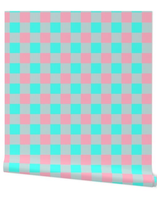 2 inch Gingham Check Squares in Palm Beach Pink and South Beach Aqua Blue Wallpaper