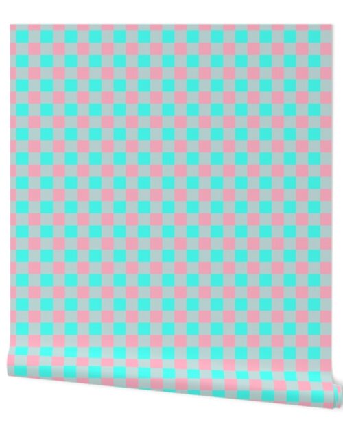 1 inch Gingham Check Squares in Palm Beach Pink and South Beach Aqua Blue Wallpaper