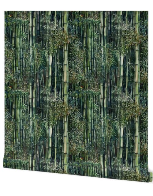Bamboo Trees in Endless Lush Wet Hawaiian Forest Grove in Muted Green Watercolors Wallpaper