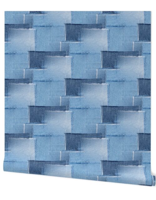 Abstract Patchwork Pattern of Frayed and Fringed Patches of Blue Denim Cloth Wallpaper