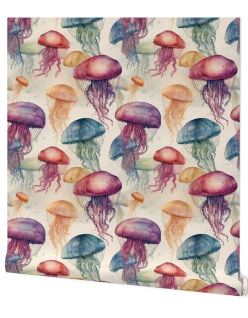 Underwater Watercolor of Brightly Colored Jelly Fish with Tentacles on Cream Wallpaper