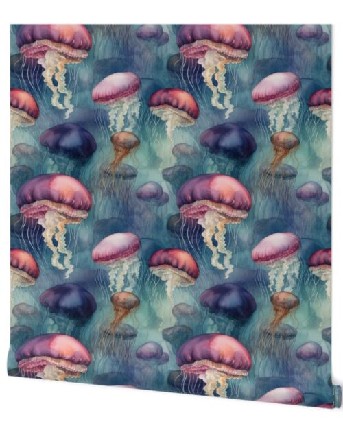 Underwater Watercolor of Brightly Colored Jelly Fish with Tentacles on Aqua Blue Wallpaper