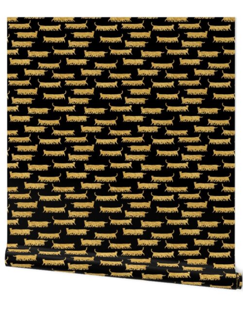 Humorous and Fun Faux-Foil Gold Cat Multiped Caterpillar Repeat on Black Wallpaper