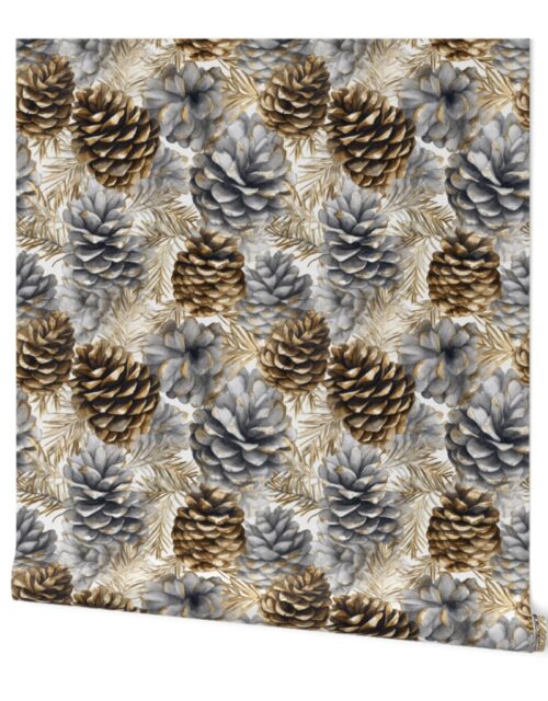 Snow Covered Faux Silver and Gold_Pinecones Watercolor Wallpaper