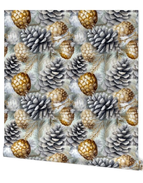 Snow Covered Faux Silver and Gold_Pinecones Watercolor Wallpaper