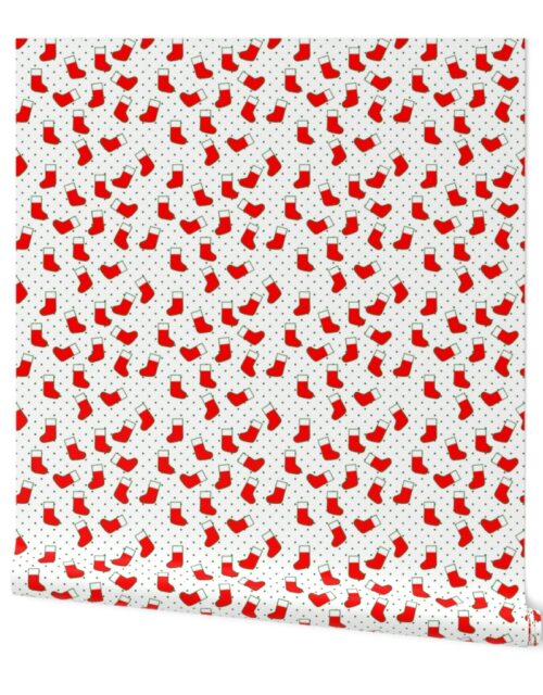 Red Christmas Stockings with Green Dots on White Wallpaper