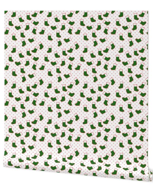 Green Christmas Stockings with Red Dots on White Wallpaper