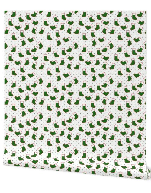 Green Christmas Stockings with Green Dots on White Wallpaper