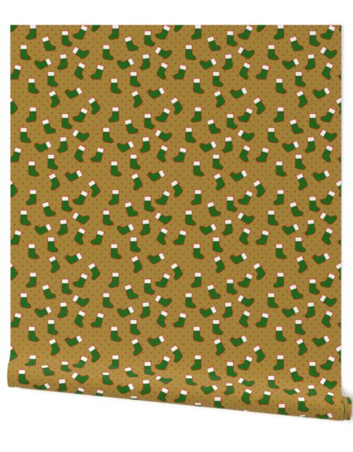 Green Christmas Stockings with Red  Dots on Gold Wallpaper
