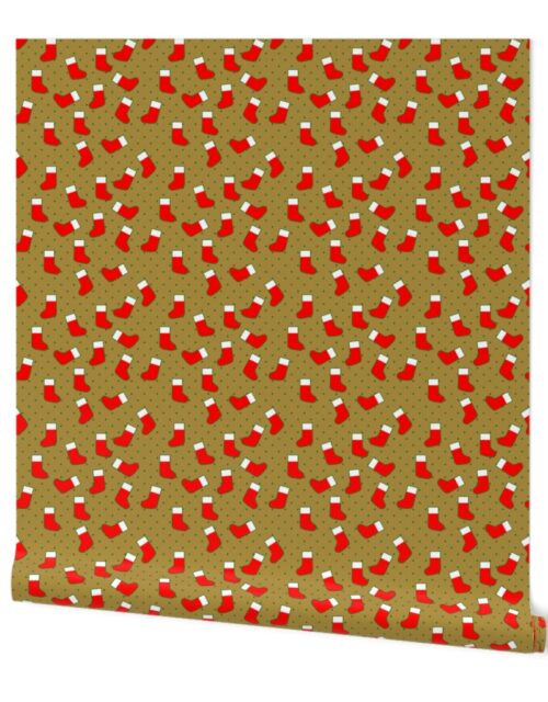 Red Christmas Stockings with Green Dots on Gold Wallpaper