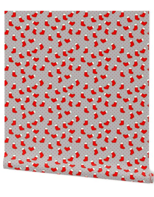 Red Christmas Stockings with Red Dots  on Silver Wallpaper