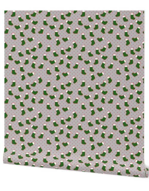 Green Christmas Stockings with Red  Dots on Silver Wallpaper