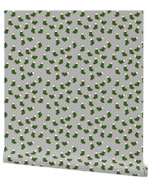 Green Christmas Stockings with Green  Dots on Silver Wallpaper