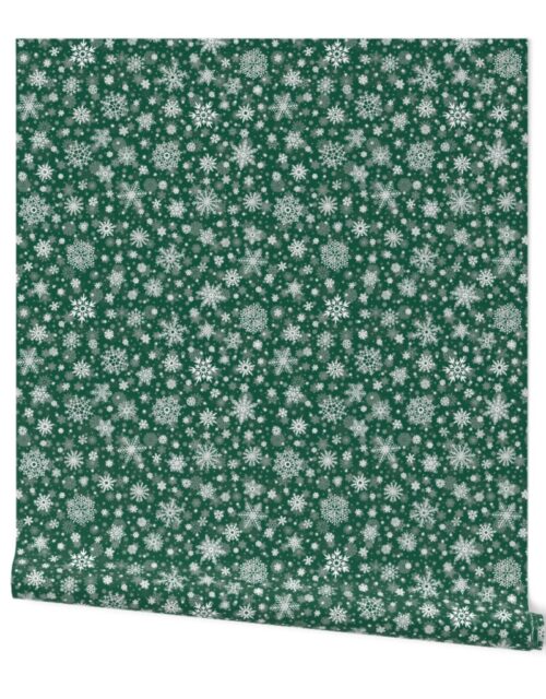 Dark Evergreen and White Splattered Snowflakes Wallpaper