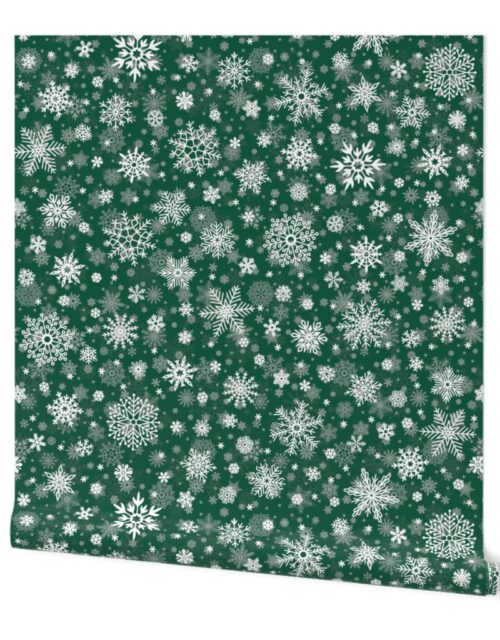 Large Dark Evergreen and White Splattered Snowflakes Wallpaper