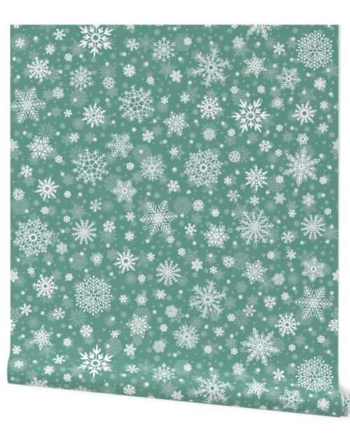 Large Fern Green and White Splattered Snowflakes to Match the Cut and Sew Christmas Dolls and Stockings Wallpaper
