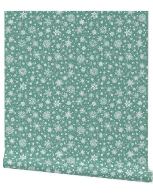 Fern Green and White Splattered Snowflakes to Match the Cut and Sew Christmas Dolls and Stockings Wallpaper