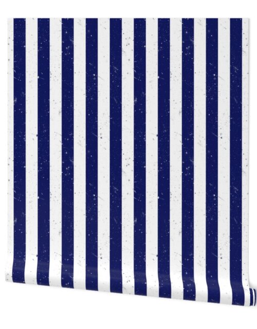 Navy Blue and White Splattered Paint Vertical Cabana Tent Stripe Wallpaper