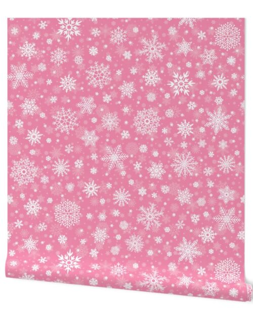 Large Merry Bright Rose and White Splattered Snowflakes Wallpaper