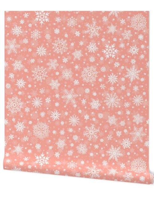 Large Merry Bright Peach and White Splattered Snowflakes Wallpaper