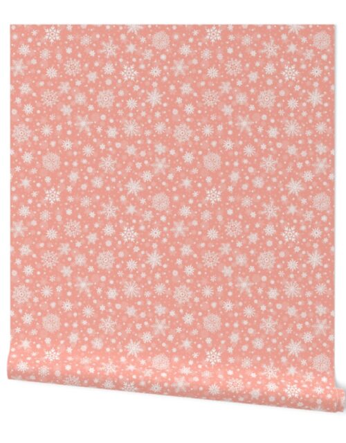 Small Merry Bright Peach and White Splattered Snowflakes Wallpaper