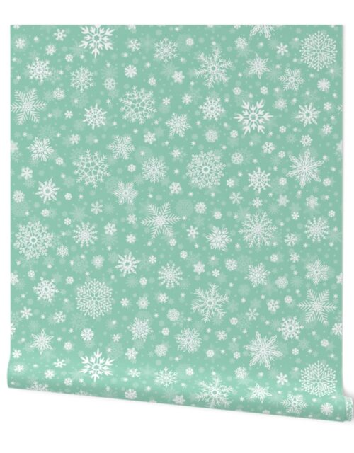 Large Merry Bright Mint Green and White Splattered Snowflakes Wallpaper