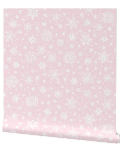 Large Merry Bright Pastel Pink and White Splattered Snowflakes Wallpaper
