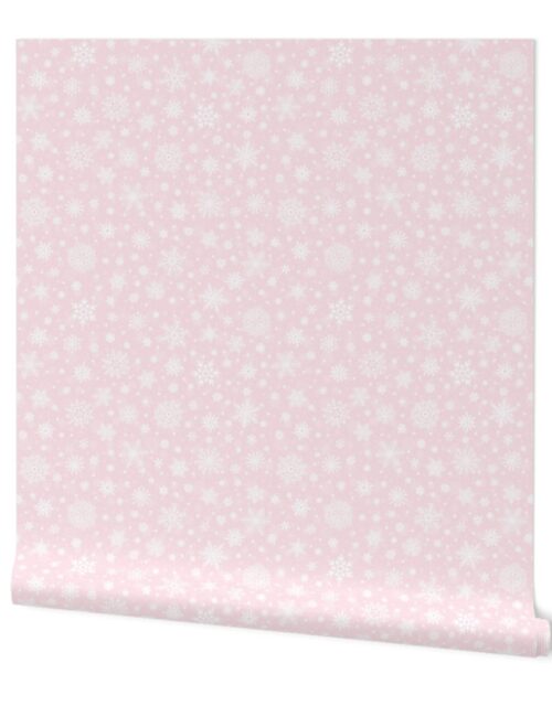 Small Bright Coordinate Pastel Pink and White Splattered Snowflakes Wallpaper