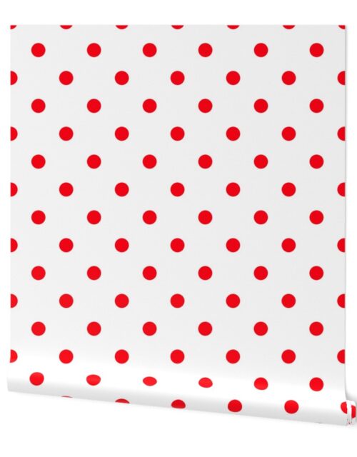 Carmine Red Polka Dots on White Wallpaper