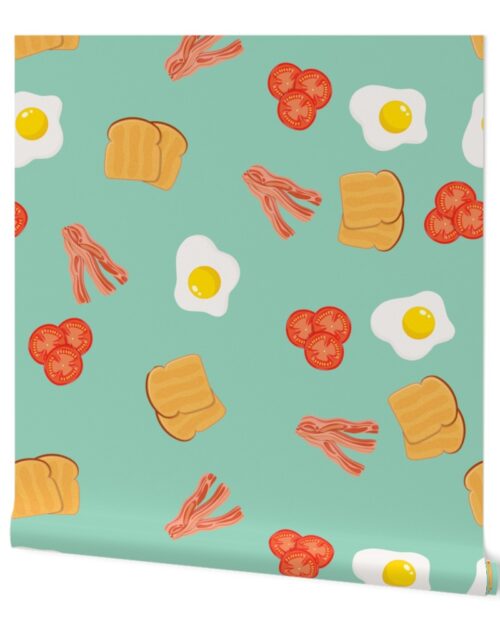 Large English Cooked Breakfast Bacon, Eggs, Tomato and Toast on Green Wallpaper